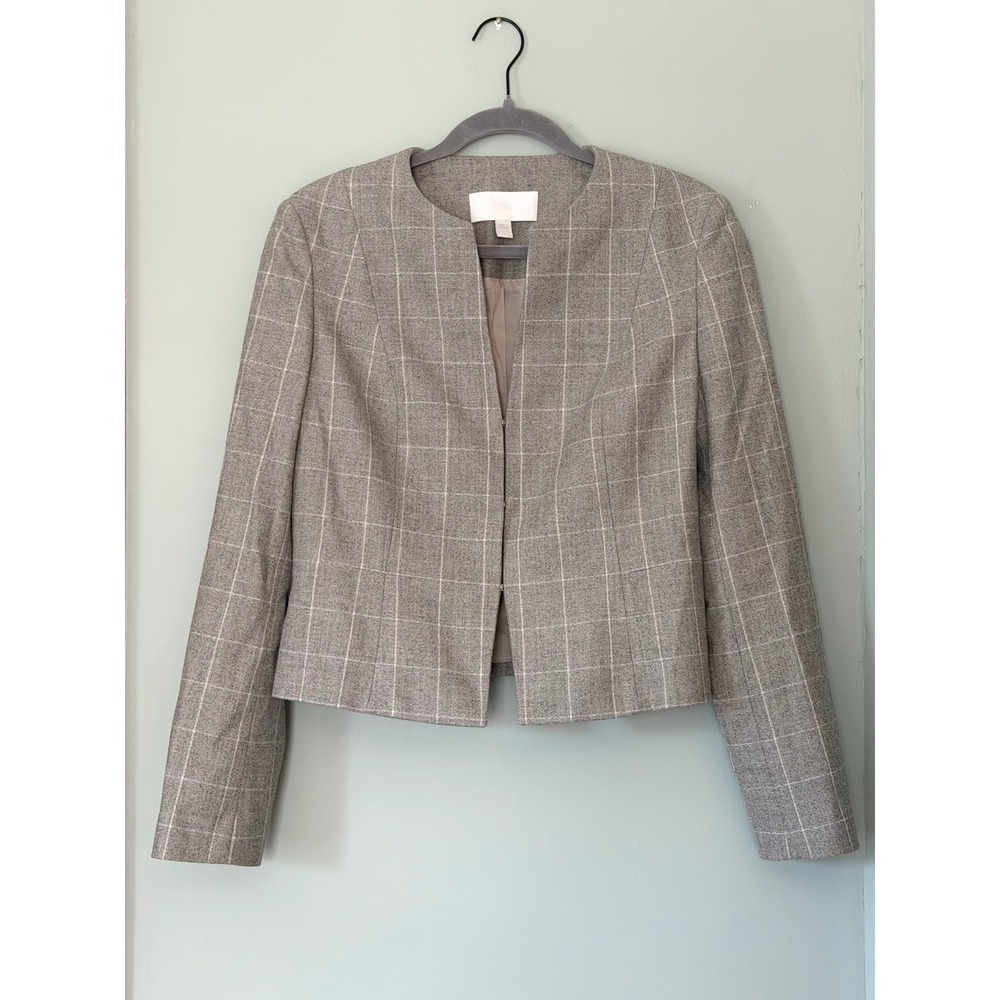 Hugo Boss Grey Windowpane Plaid Wool Collarless Cropped Blazer Jacket Size 8